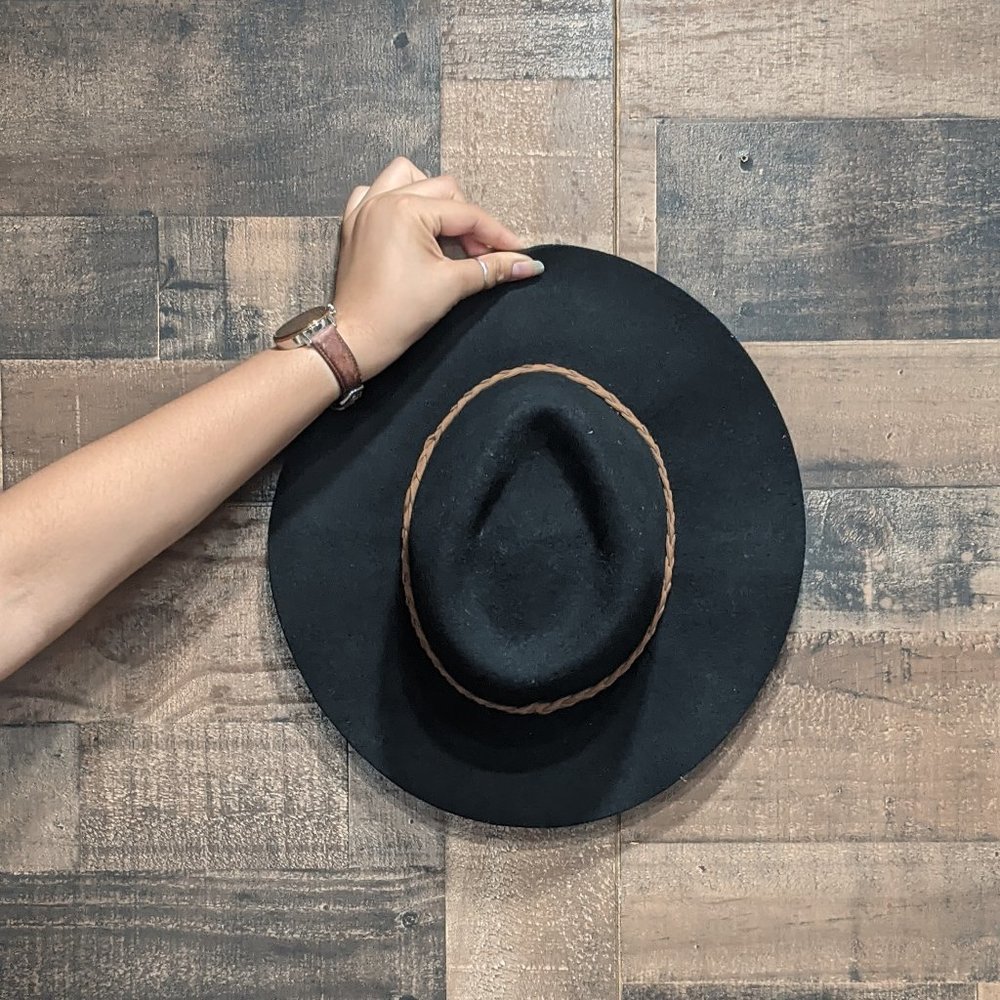 Black Floppy Wide Brim Hat with Brown Braided Belt